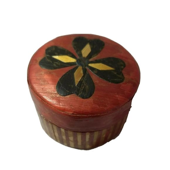 Trinket Pill Jewelry Box Hand Painted Paper Mache Ribbon Covered Round Rust Red - Picture 1 of 6